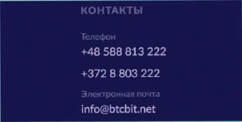 Телефон и электронная почта криптовалютной онлайн обменки БТЦ Бит